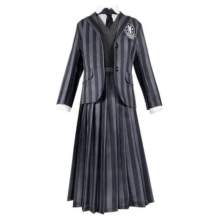 Costume università Mercoledi Addams 2025 – uniforme scolastica cosplay con giacca, gilet, gonna, perfetto per Halloween/adulti e bambini
