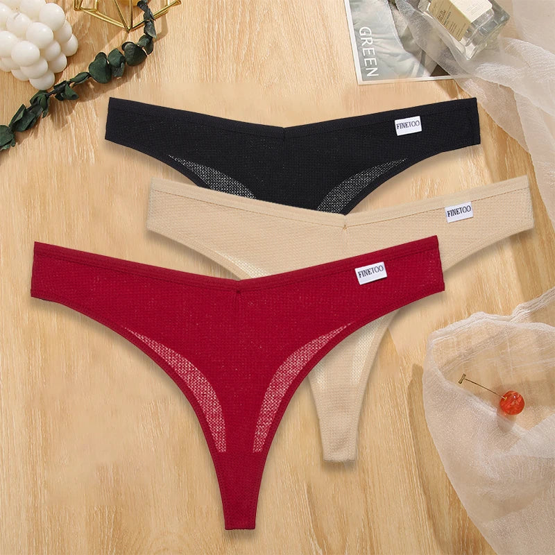 Set 3 pezzi perizomi donna G-string in cotone waffle a vita bassa – underwear sexy comfort quotidiano