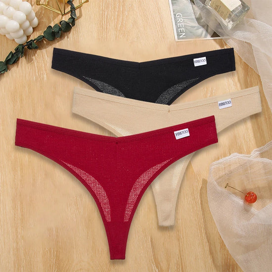 Set 3 pezzi perizomi donna G-string in cotone waffle a vita bassa – underwear sexy comfort quotidiano