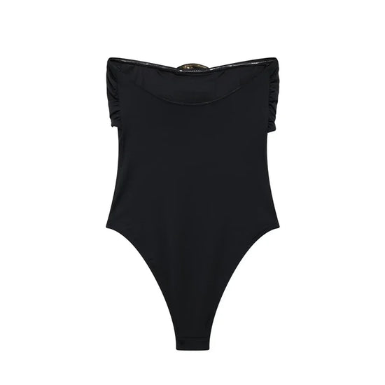 Body suit nero off-shoulder donna 2025 – modello aderente sexy a spalle scoperte, lingerie e outfit femme fatale