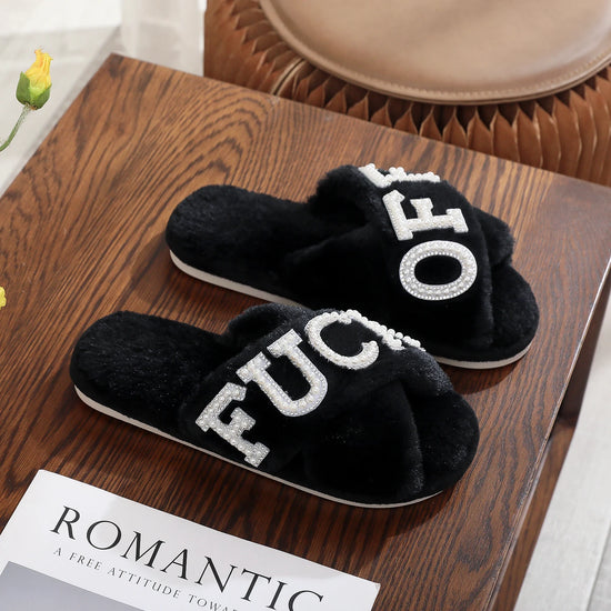 Ciabatte Donna F**K OFF in Peluche con Fasce Incrociate e Dettagli Strass