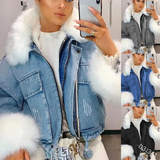 Giacca denim corta con collo in pelliccia sintetica donna – giubbotto fur collar trendy 2025