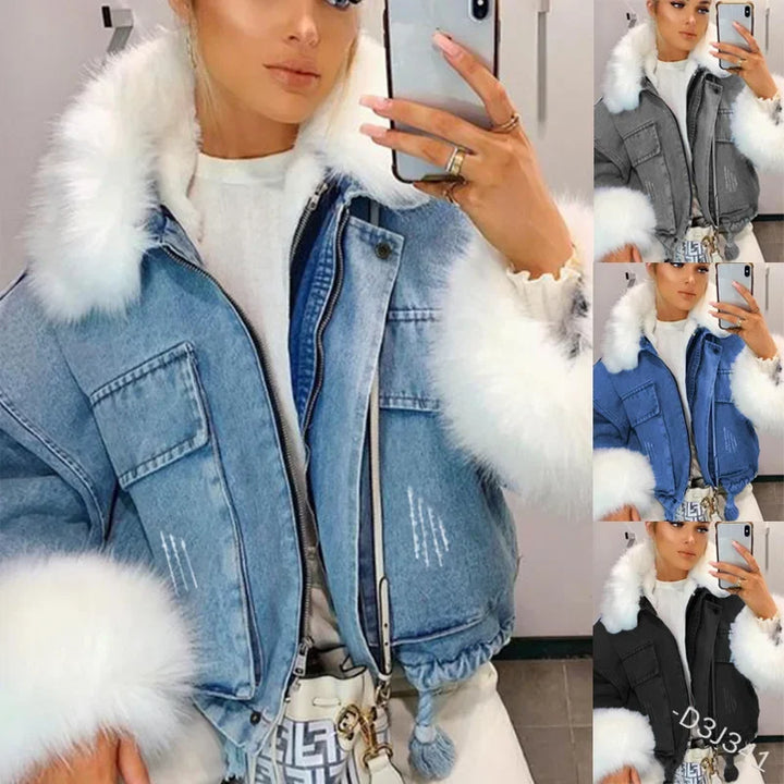 Giacca denim corta con collo in pelliccia sintetica donna – giubbotto fur collar trendy 2025