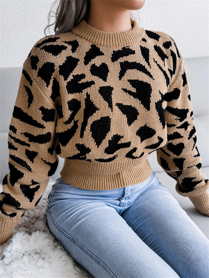 Pullover con stampa leopardata donna – Maglione corto girocollo per autunno/inverno, knit con raccolta in vita