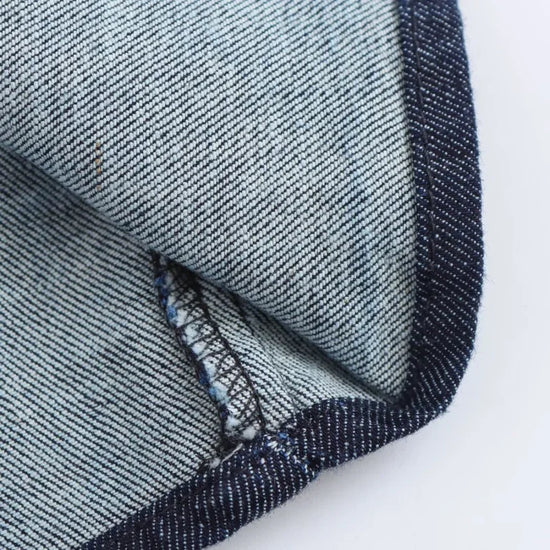 Vestito midi in denim “1975 Series” – abito donna con rever, zip laterale e vita effetto plissé