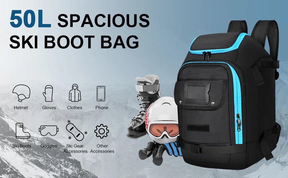 Zaino da viaggio sci/snowboard 50 L impermeabile – borsa scarponi & casco, scomparto wet/dry, trasporto attrezzatura neve
