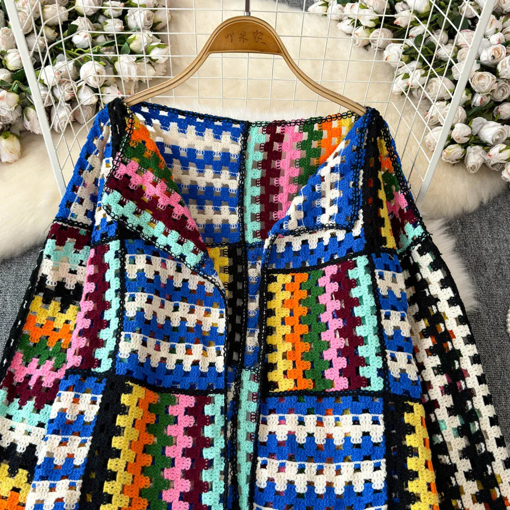 Cardigan multicolore crochet donna – Maglione traforato patchwork openwork
