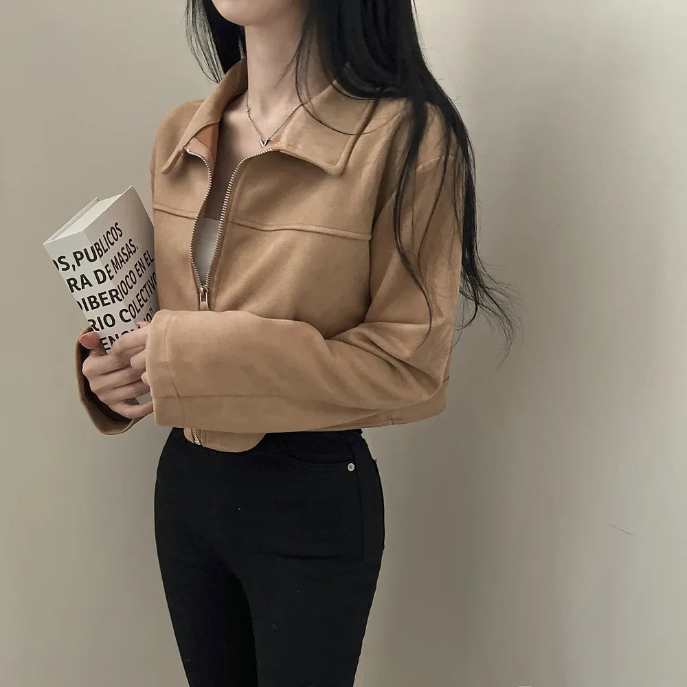 Giacca in pelle donna stile vintage – Giubbotto corto con zip, collo alla coreana, taglio slim fit, versatile e alla moda