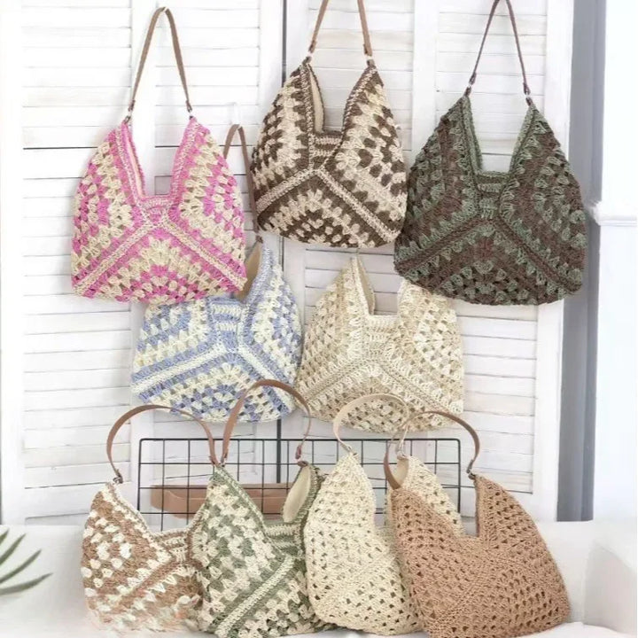Borsa in paglia intrecciata traforata – straw hollow-out shoulder bag con tasca per smartphone, ideale per viaggio e shopping