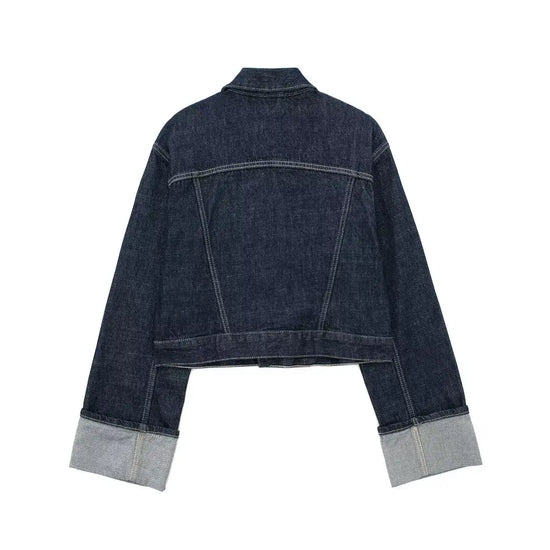 Giacca denim donna vintage 2025 – trench single-breasted con rever a collo, tasche & manica lunga blu scuro