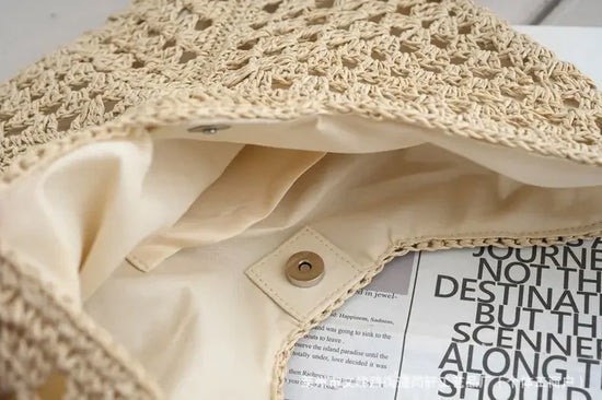 Borsa in paglia intrecciata traforata – straw hollow-out shoulder bag con tasca per smartphone, ideale per viaggio e shopping