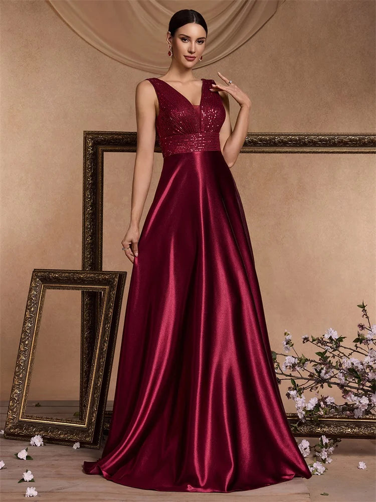 Abito Lungo Elegante Donna con Paillettes e Scollo V – Vestito Cerimonia Matrimonio