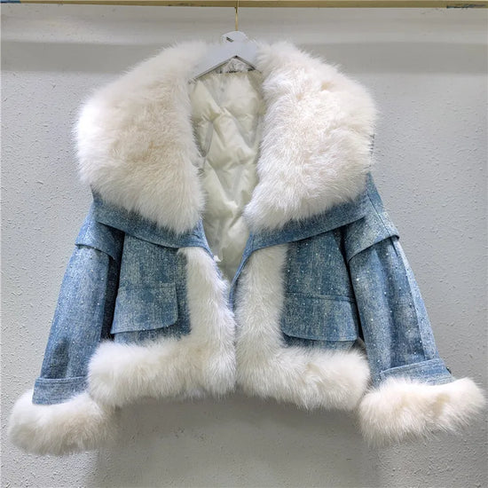 Parka imbottito donna con collo in pelliccia sintetica volpe + perline & strass – giacca elegante con beading 2025