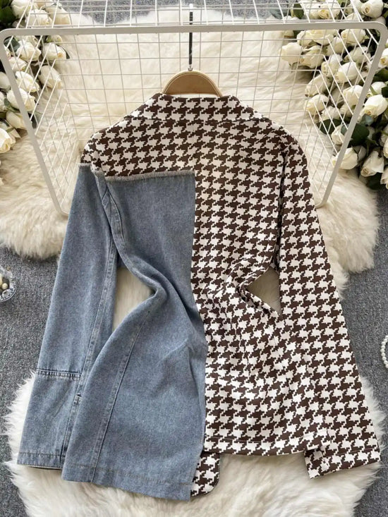 Giacca patchwork in denim con rever 2025 – blazer overshirt donna doppio bottone, vita slim, stile commuter