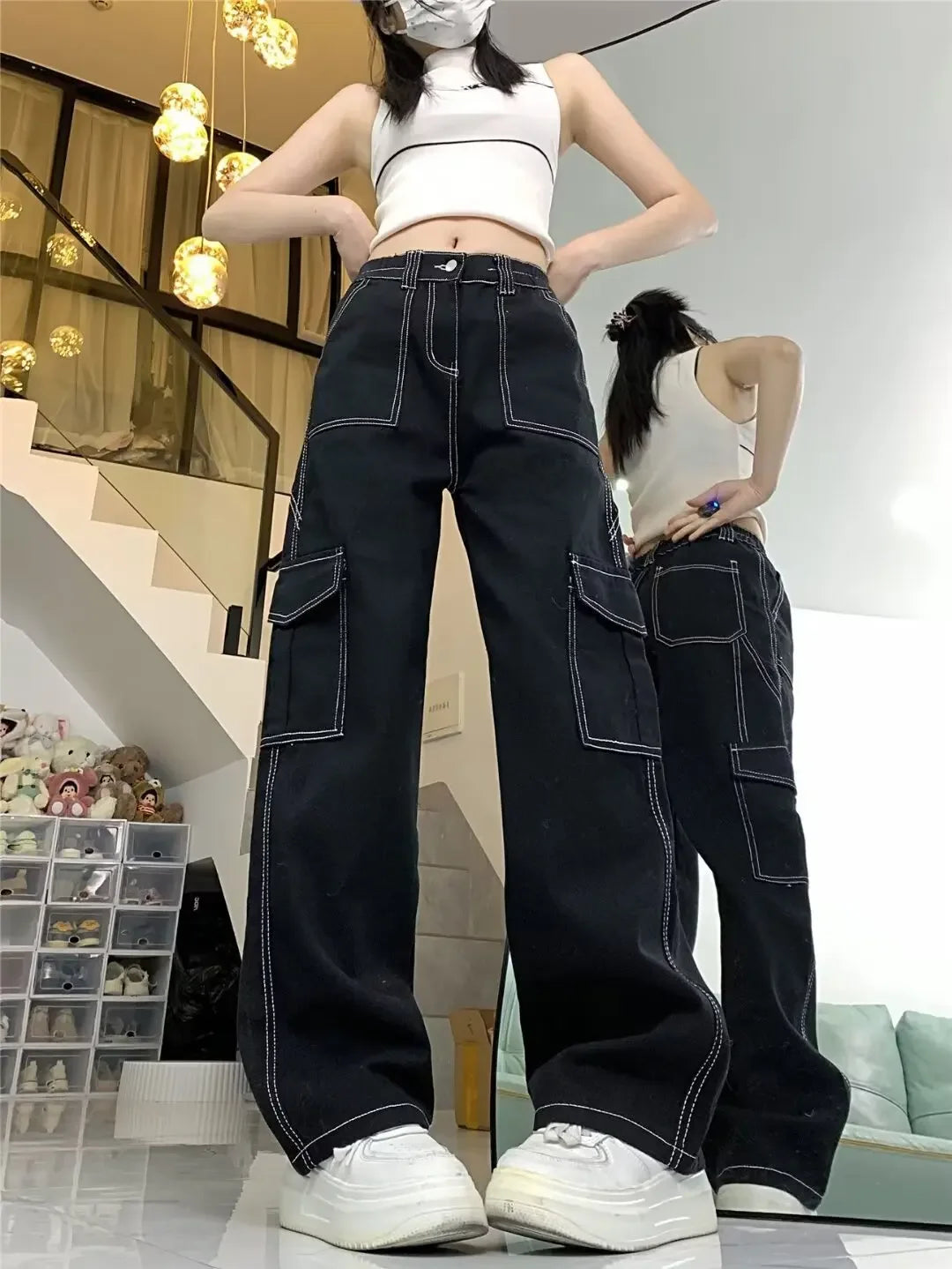 Jeans donna vita alta – Straight / loose fit a gamba dritta, cargo stile, effetto snellente per primavera/autunno