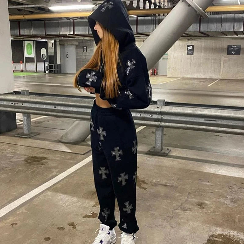 Felpa con cappuccio, zip e strass stile Y2K