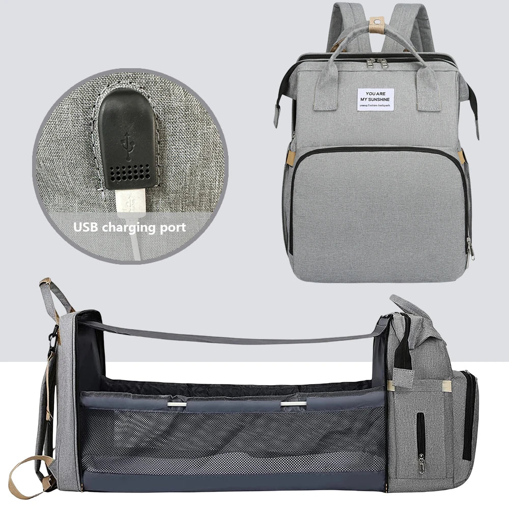 Zaino Fasciatoio Pieghevole 3 in 1 con Lettino Portatile – Borsa Mamma da Viaggio Leggera e Capiente