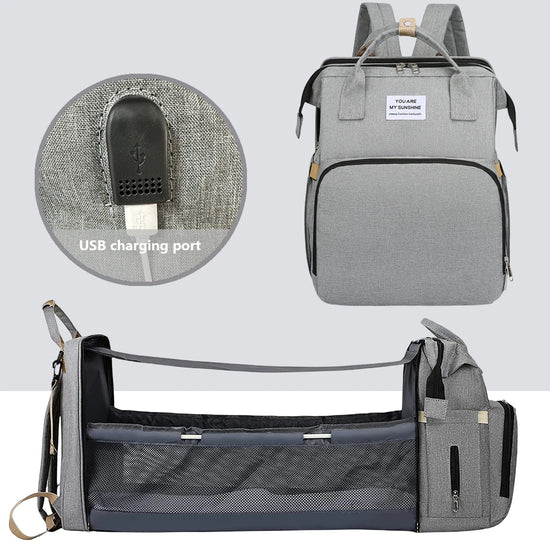 Zaino Fasciatoio Pieghevole 3 in 1 con Lettino Portatile – Borsa Mamma da Viaggio Leggera e Capiente