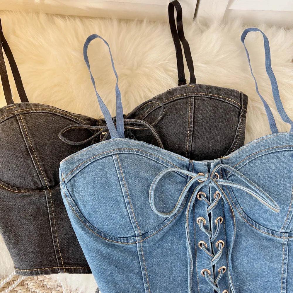 Top Denim Corsetto con Reggiseno Integrato – Crop Top Donna