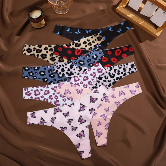 Set 7 pezzi perizomi donna in ice silk ultra sottile – G-string vita bassa con stampa farfalla/leopardato/frutta, lingerie comfort e sexy