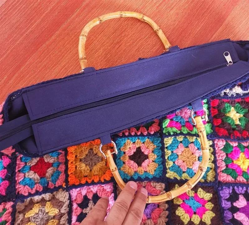 Kit borsa granny square etnica – set fai-da-te per borsa con perle, mano in legno, stile boho / woven, handbag artigianale