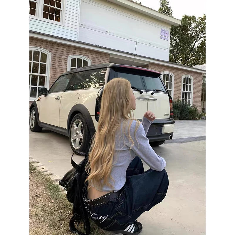 Jeans baggy wide leg donna Y2K – modello retrò vita alta in denim blu oversize 2025