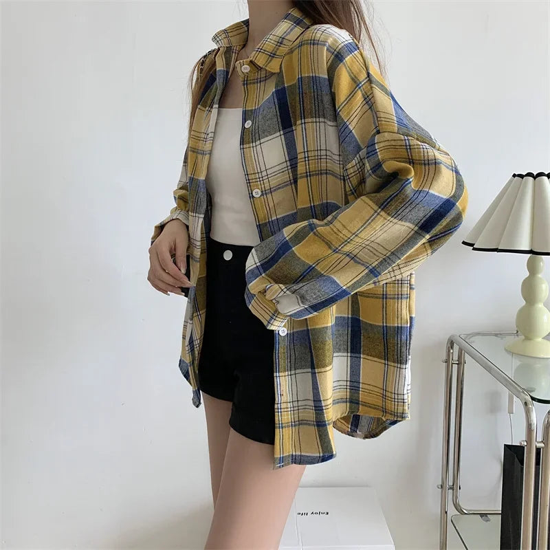 Camicia a quadri donna autunno 2025 – camicia manica lunga stile preppy vintage, taglio loose, single-breasted