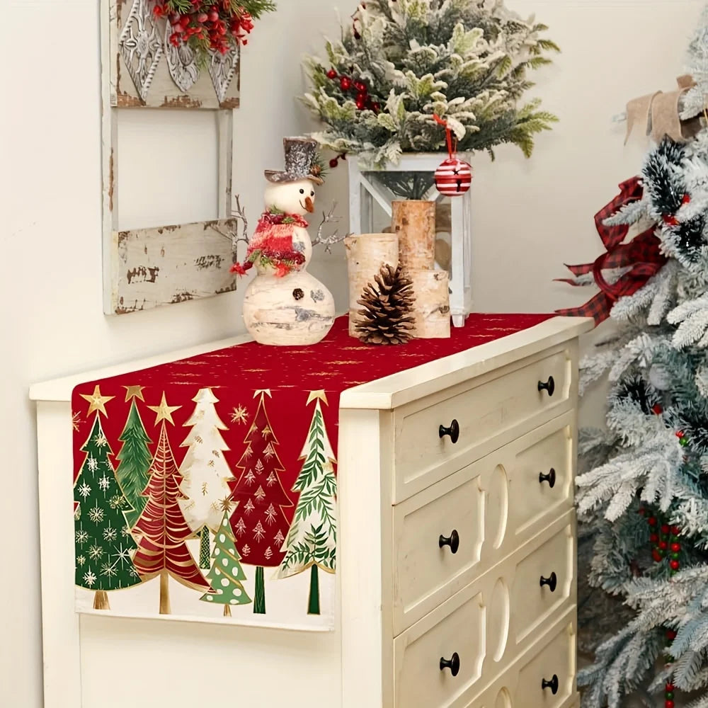 Runner da tavola natalizio rettangolare rosso – decorazione tavolo 33×183 cm con alberi di Natale e fiocchi di neve per feste e cene