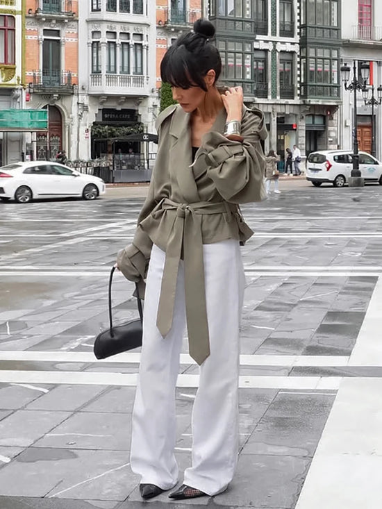Trench coat corto con lacci per donna – Giacca a maniche lunghe, colletto a revers, abbottonatura singola, stile casual elegante per la primavera/autunno 2025