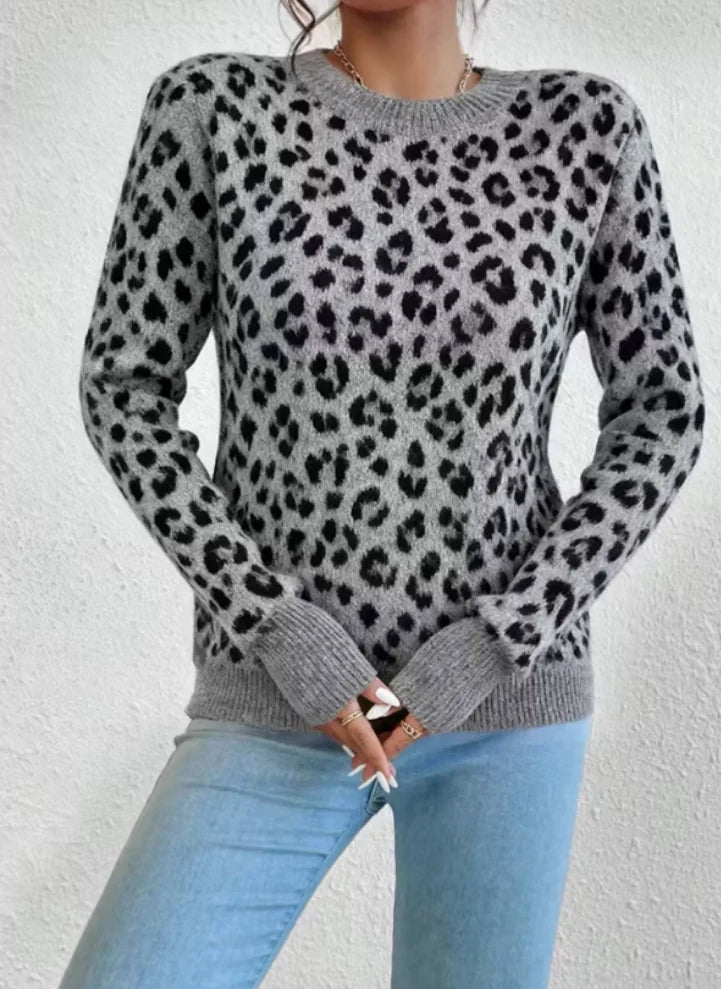 Maglione leopardato donna girocollo a maniche lunghe