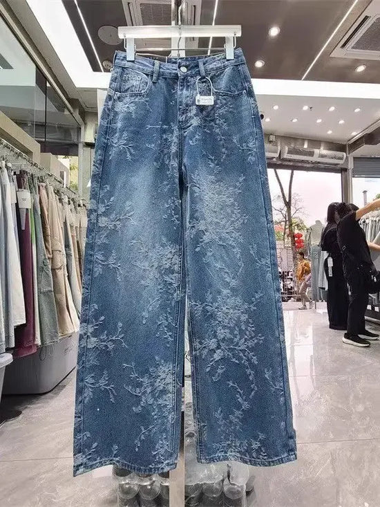 Jeans Wide Leg Donna a Vita Alta con Motivo Jacquard