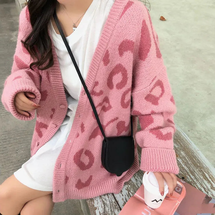 Cardigan leopardato donna con scollo a V stile coreano – Maglione knit oversize autunno/inverno animal print