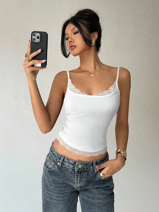 Women's Sexy Lace Trim U-Neck Basic Solid Color Slim Fit Cami Top Casual Spaghetti Straps Backless Crop Top Spring/Summer 2026