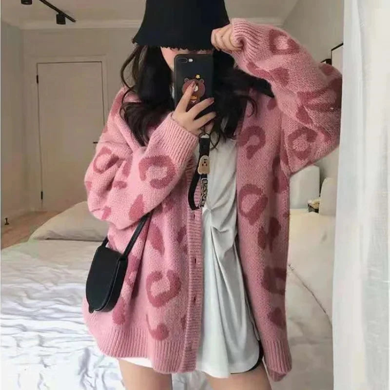 Cardigan leopardato donna con scollo a V stile coreano – Maglione knit oversize autunno/inverno animal print