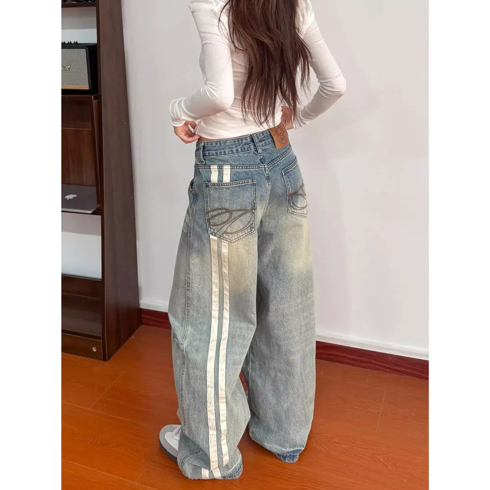Jeans Baggy Donna Patchwork a Righe Vita Alta - dettaglio prodotto