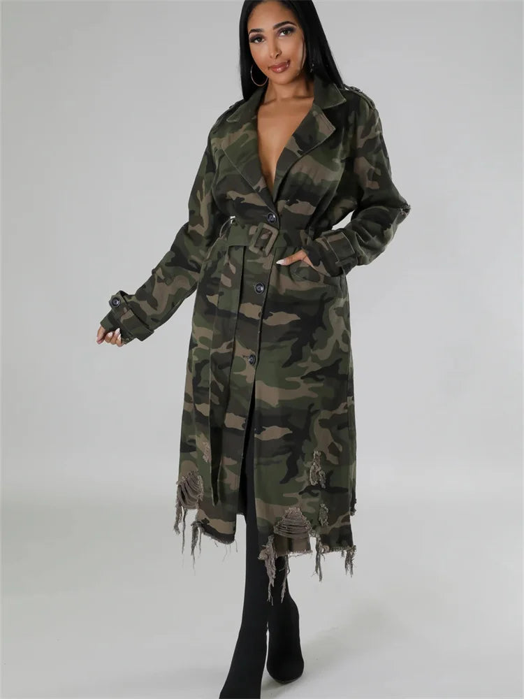 Trench camouflage oversize da donna | stile streetwear, lungo e ripped – taglie S-2XL