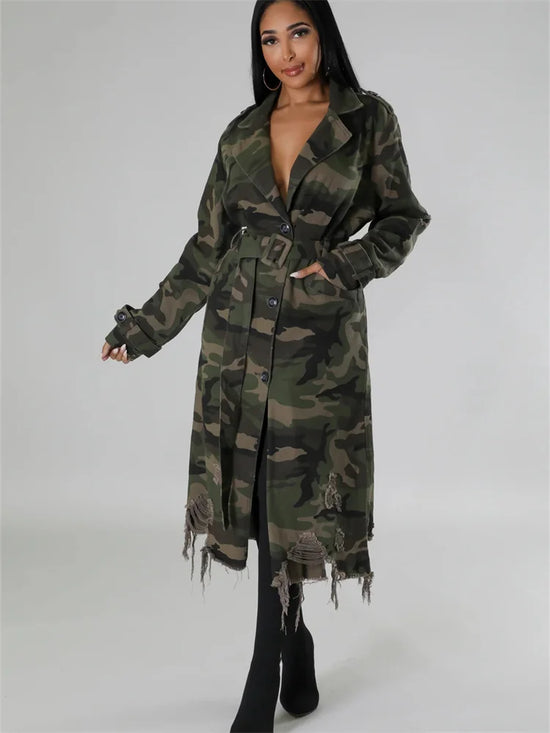 Trench camouflage oversize da donna | stile streetwear, lungo e ripped – taglie S-2XL