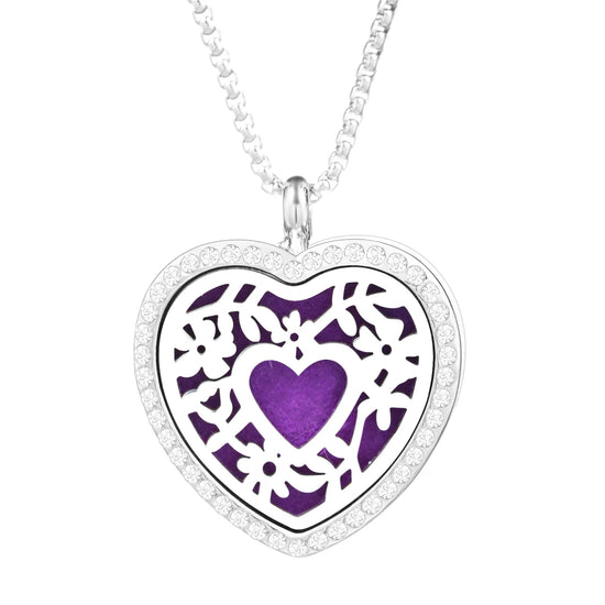 Collana Diffusore a Cuore con Strass in Acciaio Inox – Ciondolo Aromaterapia per Profumi e Oli Essenziali