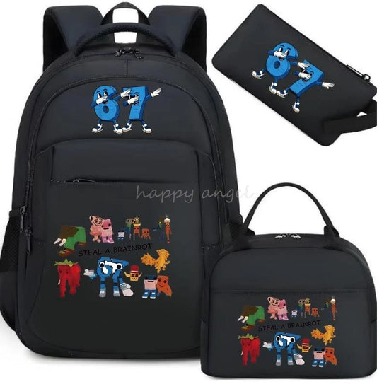 67 Six Seven Print 3Pcs/set Camouflage Backpack With Lunch Bag Steal A BrainRot Boy Student Teens Rucksack Girl Casual SchoolBag