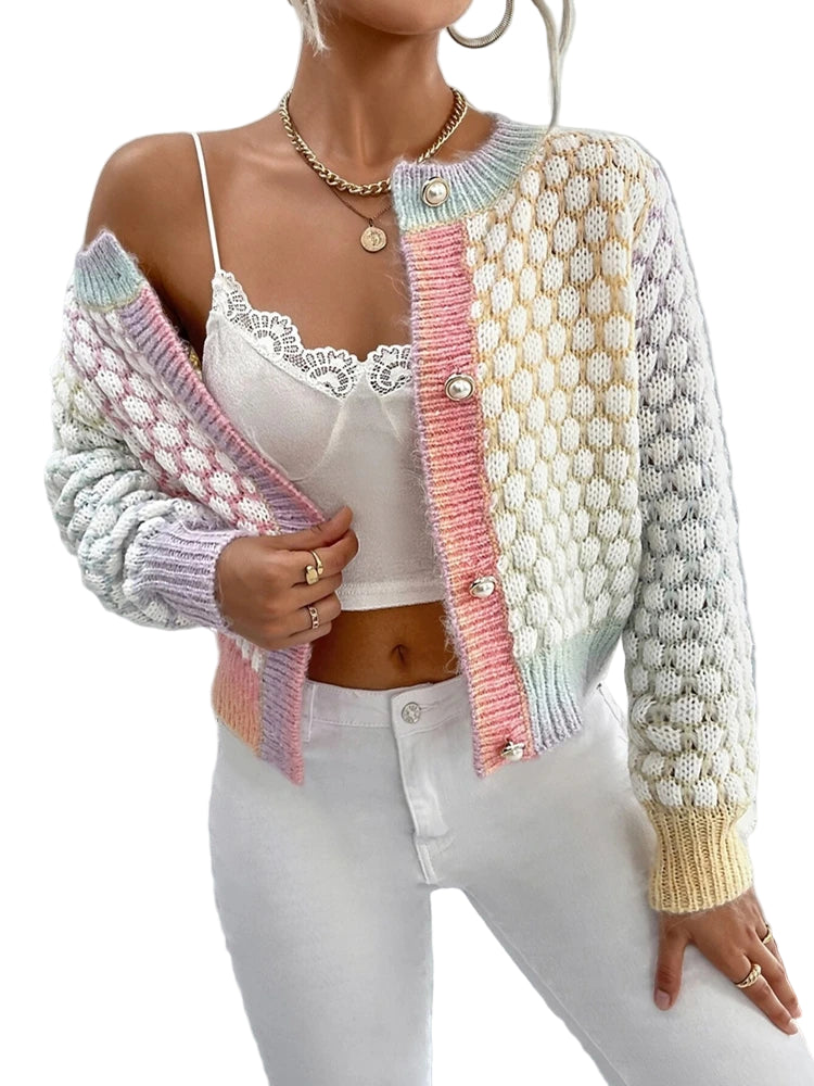 Cardigan donna gradient check a quadri – maglione elegante collo rotondo maniche lunghe per autunno/inverno