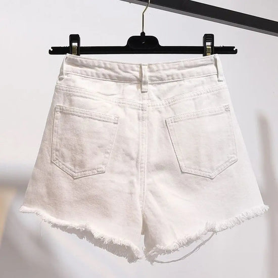 Cowboy shorts donna vita alta stile coreano – denim bianco con tasche, frange e strappi