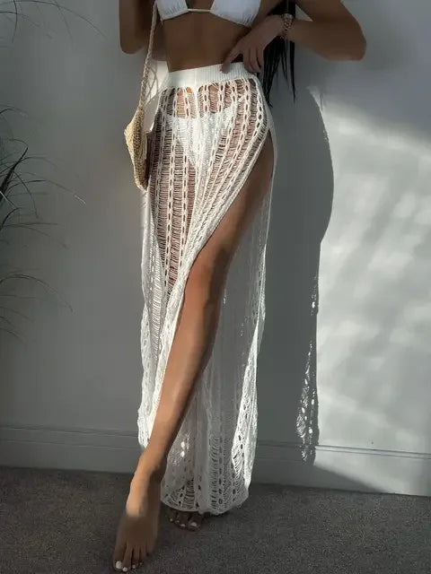 Pantaloni a Vita Alta in Cotone con Inserti Mesh e Spacco Alto per il mare