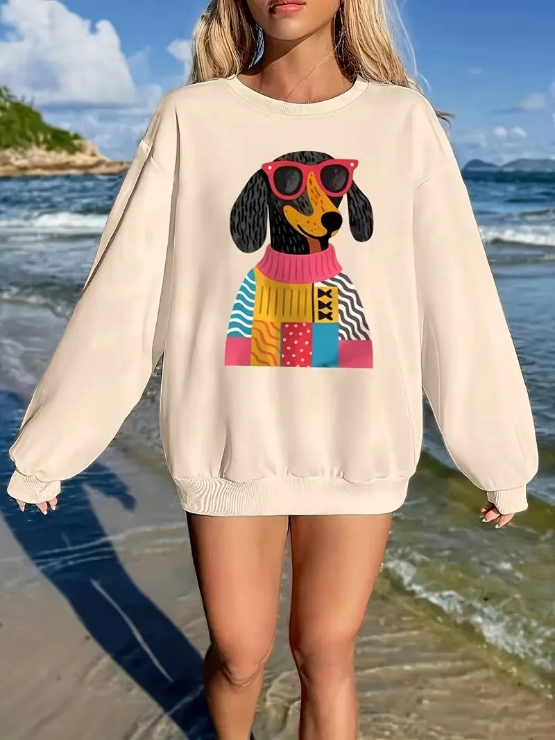 Felpa donna con bassotto stile streetwear, senza cappuccio - Kaki (KHKAI)