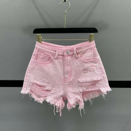 Shorts jeans donna strappati con strass – Vita alta estate 2025