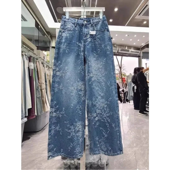 Jeans Wide Leg Donna a Vita Alta con Motivo Jacquard