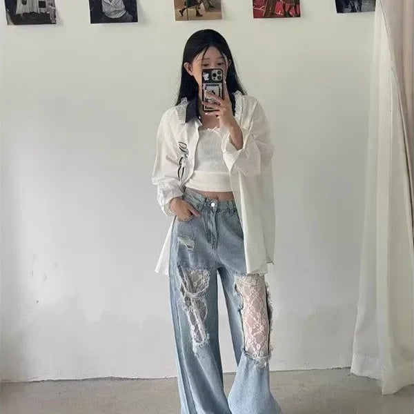 Jeans patchwork denim con inserti in pizzo – pantaloni larghi donna casual stile ribelle 2025