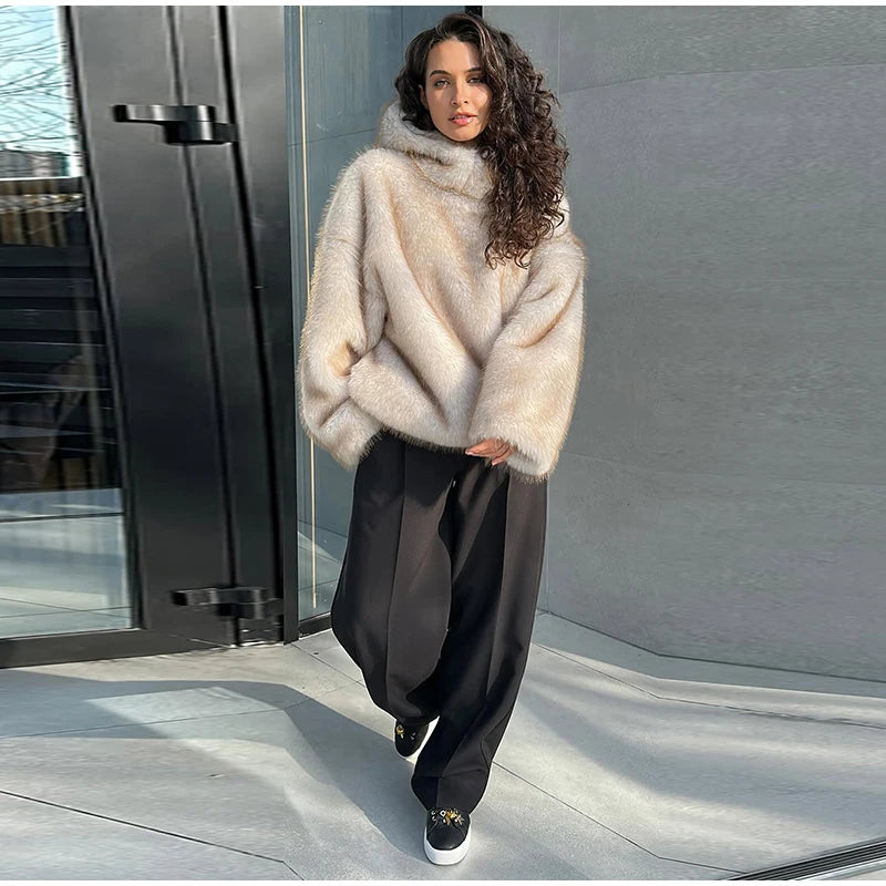 Felpa donna effetto pelliccia marrone con cappuccio