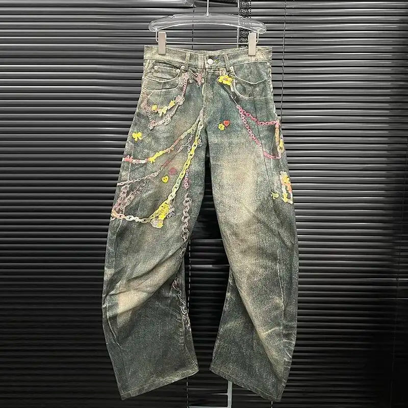 Jeans Donna Vita Alta con Stampa Catena – Denim Fashion Streetwear