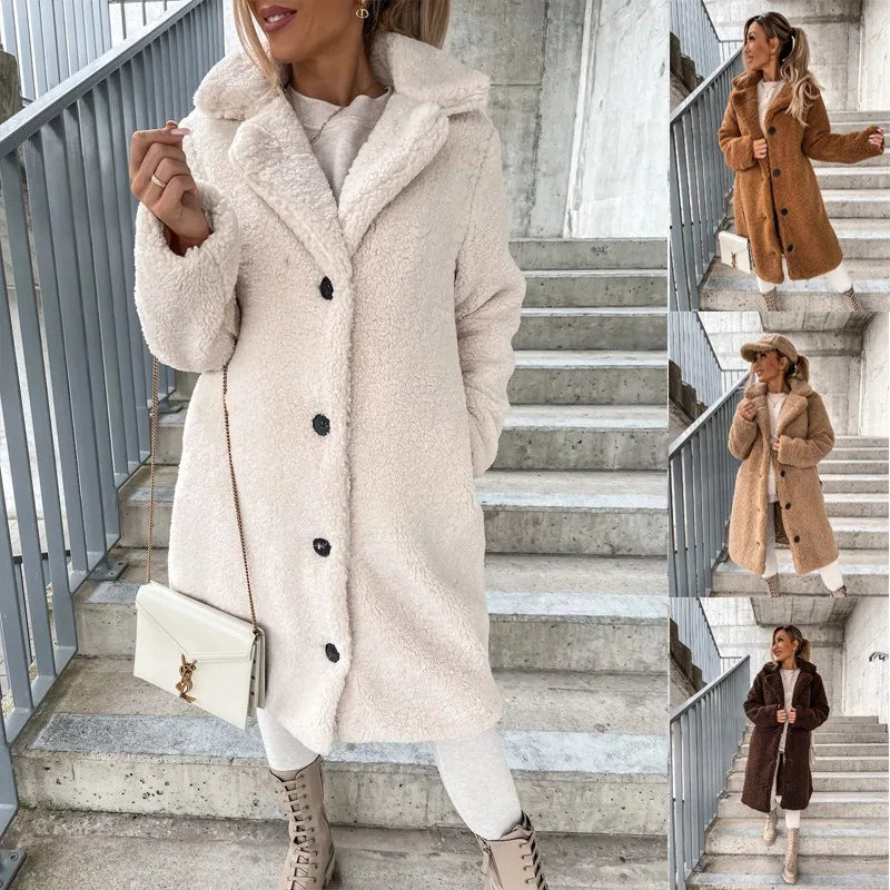 Cappotto lungo donna in fleece oversize 2025 – stile plus-size, caldo e raffinato per autunno/inverno