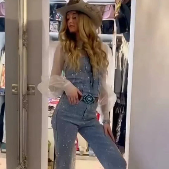 Set denim con paillettes da donna – Gilet crop + jeans vita alta con zip, outfit street style 2025